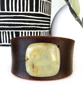 MISHAGIRL Leather Beaded Cuff Bracelet, Jade Stone Bead